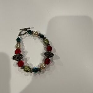 Chic Beaded Bracelet with Red, Green, and Silver Accents